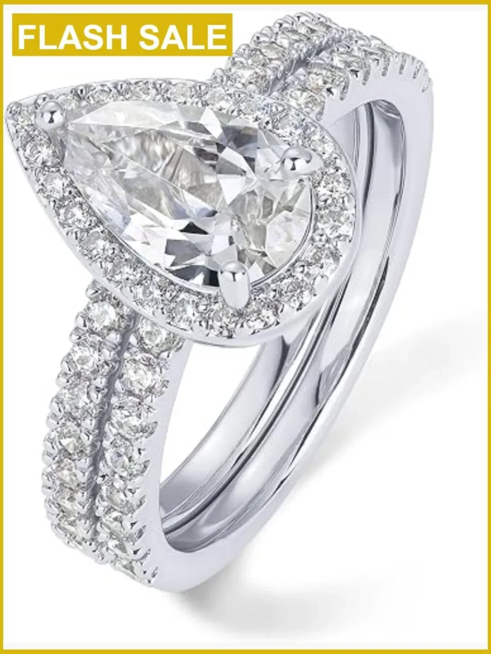 1.7CT Pear CZ Eternity Engagement Ring Set Hidden Halo White Gold Plated